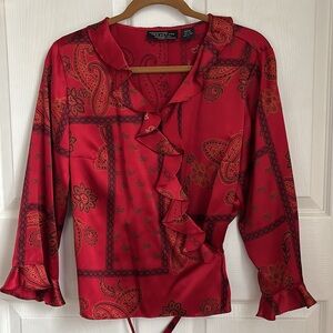 NYC DESIGN CO Y2K red ruffle wrap blouse 100% Silk Asian theme print size Large